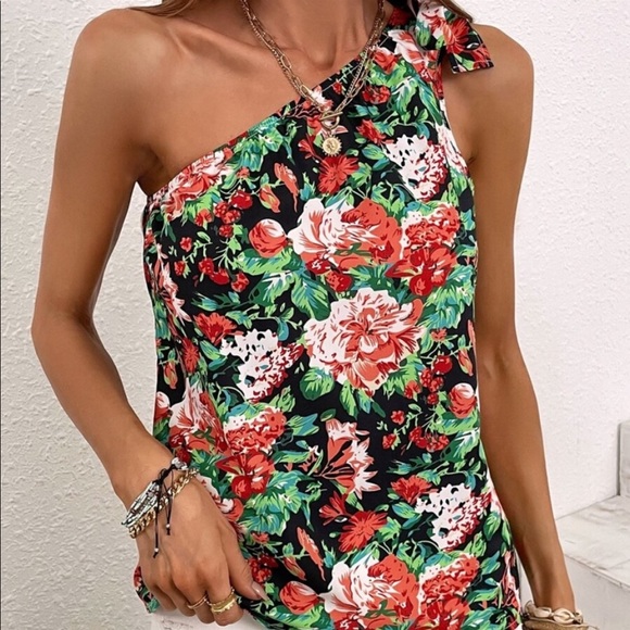 Boho Floral Print One Shoulder Top Blouse - Picture 13 of 15